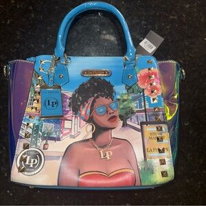 La Philipe  Miami Blue Graphic Dome Satchel with Tropical Print shoulder straps